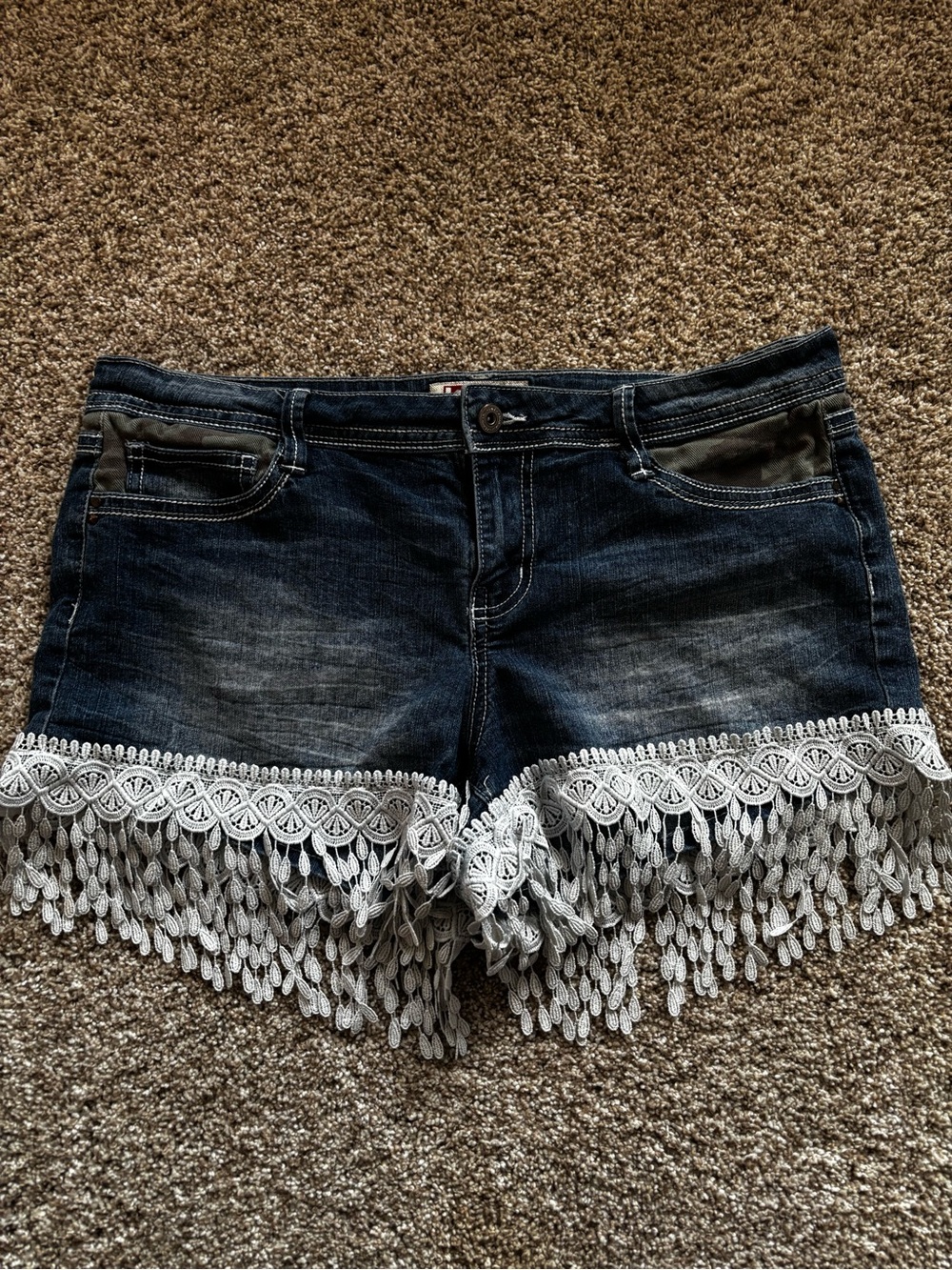 boho lace low rise denim shorts